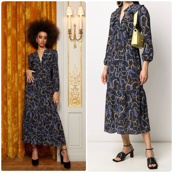 New! Saloni Ginny Midi Silk Crepe De Chine Dress in Cosmo Dancers 💫✨ US 4 NWT! - Picture 2 of 16